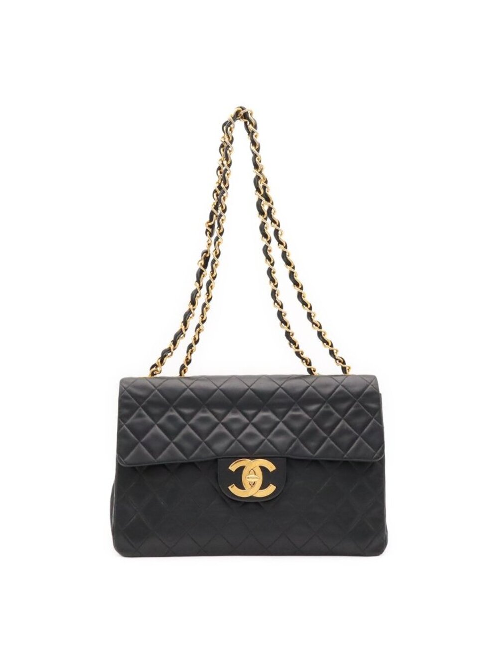 Chanel Maxi Quilted CC Logo Chain Shoulder Bag 2-Way Leather Black Gold